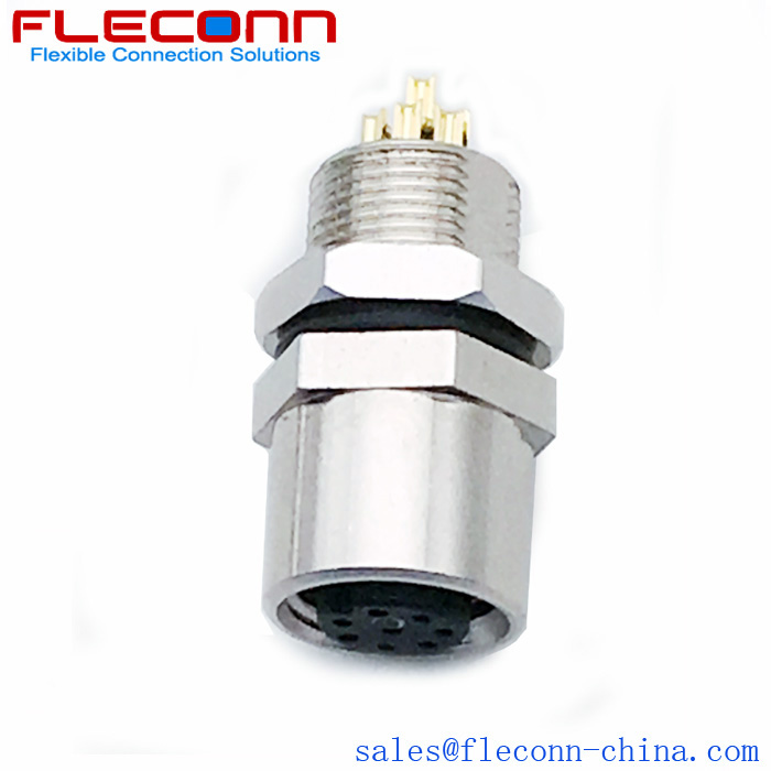 Conector fêmea de montagem em painel M8 de 8 pinos, rosca de fixação traseira M8x0.5