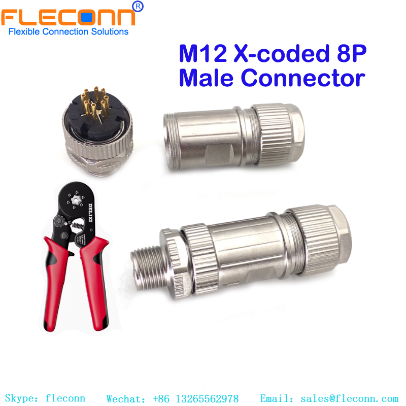 Conector wireable de crimpagem de campo de blindagem macho de código X M12 de 8 pinos
