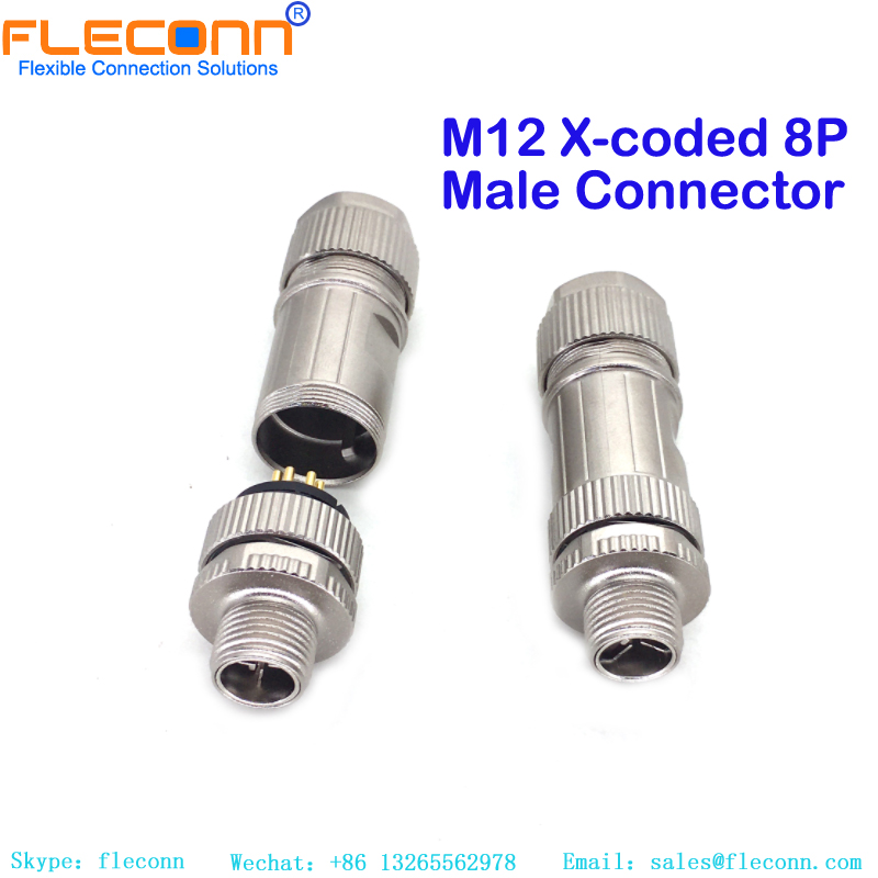 Conector wireable de crimpagem de campo de blindagem macho de código X M12 de 8 pinos