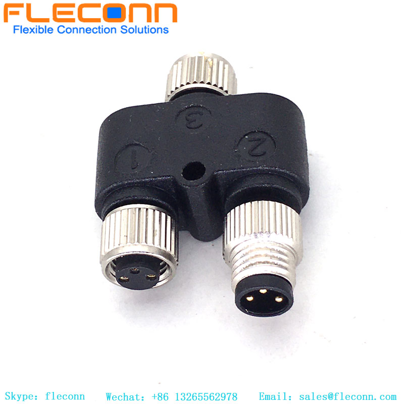 M8 Y tipo macho do conector de 3 pinos para divisor fêmea duplo