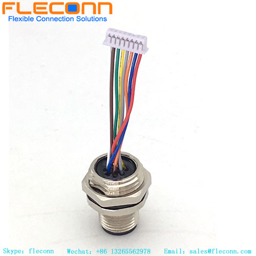 conector de montagem em painel m12 código A 8 pólos com fios pré-montados pigtail