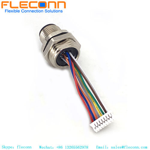 conector de montagem em painel m12 código A 8 pólos com fios pré-montados pigtail