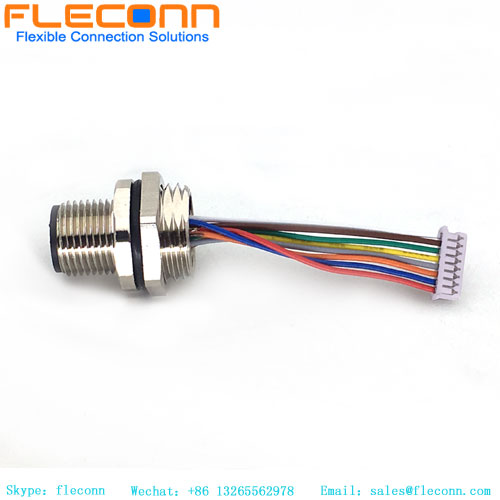 conector de montagem em painel m12 código A 8 pólos com fios pré-montados pigtail