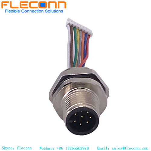 conector de montagem em painel m12 código A 8 pólos com fios pré-montados pigtail